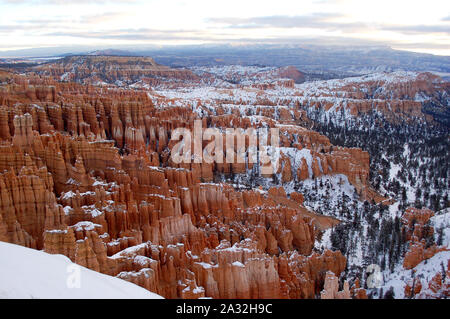 Vista of Bryce Canyon Utah in winter with snow Stock Photo