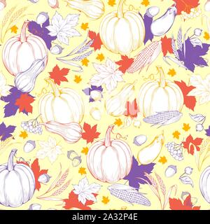 Thanksgiving pattern in sketch style with pumpkins, autumn maple leaves and apples. Seamless vintage background texture. Vector harvest backdrop for fall season design. Stock Vector
