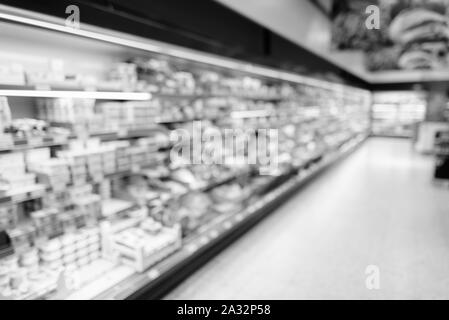 Defocused View Of Supermarket in black and white Stock Photo