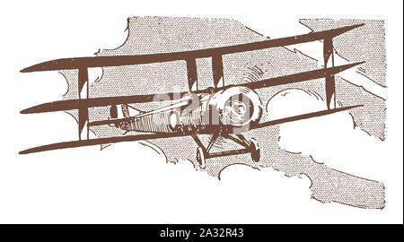Historic triplane flying in front of a cloudy sky. Illustration after a lithography from the early 20th century Stock Vector