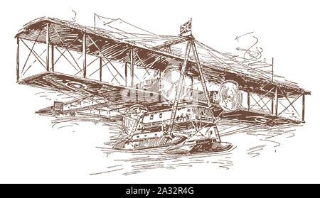 Study of a giant historic biplane-floatplane. Illustration after a lithography from the early 20th century Stock Vector