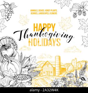 Happy holidays greeting card vector template. Seasonal tradition, thanksgiving celebration postcard layout with typography. Farm animals, honey plants, flowers and dishes hand drawn illustration Stock Vector