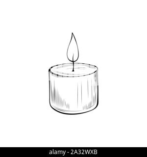 Burning candle hand drawn vector illustration. Candlelight outline symbol isolated on white background. Decorative aromatherapy accessory, glowing round candlestick monochrome sketch drawing Stock Vector