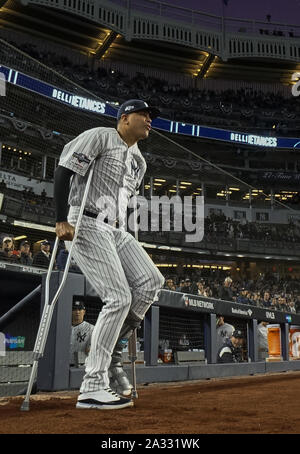 Bronx, USA. 04th Oct, 2019. New York Yankees injured pitcher Dellin Betances is introduced in ceremonies before they play the Minnesota Twins in the 2019 MLB Playoffs American League Division Series Game 1 at Yankee Stadium in New York City on October 4, 2019. Photo by Ray Stubblebine/UPI Credit: UPI/Alamy Live News Stock Photo