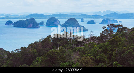 Tropical landscape with jungles and sea abundant with rocky islands. Nature of Thailand: the beauty of the famous Phang Nga Bay and Koh Hong Islands. Stock Photo