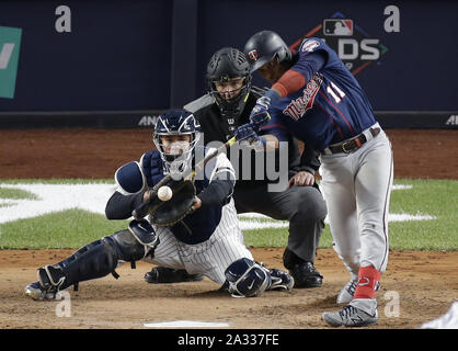 Bronx, USA. 04th Oct, 2019. Minnesota Twins Jorge Polanco hits an RBI single in the first inning in game 1 of the American League Division Series against the New York Yankees at Yankee Stadium on Friday, October 4, 2019 in New York City. Photo by John Angelillo/UPI Credit: UPI/Alamy Live News Stock Photo