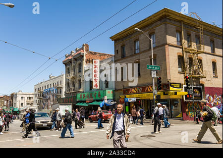 San Francisco, USA, 13 Jun 2013: Busy street with shophouses along Chinatown. Stock Photo