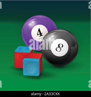 Pool table background illustration with billiard balls and billiard chalk Stock Vector