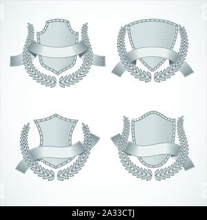 Design elements. Vector set of shields with Laurel wreaths and ribbons. Style of engraving Stock Vector