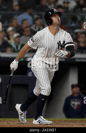 Bronx, USA. 04th Oct, 2019. New York Yankees batter Brett Gardner watches his home run against the Minnesota Twins in the seventh inning of the American League Division Series Game 1 of the 2019 MLB Playoffs at Yankee Stadium in New York City on October 4, 2019. Photo by Ray Stubblebine/UPI Credit: UPI/Alamy Live News Stock Photo