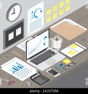 Isometric workspace corner with laptop computer, office supply, smart phone, coffee and glasses on wooden working desk, clock and board on the wall in Stock Vector
