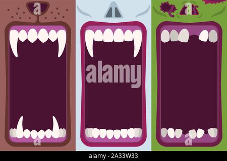 Halloween banners set with opening mouths ready to bite of werewolf, vampire and zombie in flat cartoon style Stock Vector