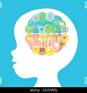 Baby head silhouette in side view with left and right brain hemispheres filled with groups of colorful bubbles in creative and logic parts in flat sty Stock Vector