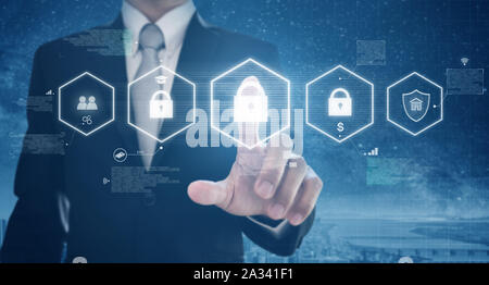 Businessman activate digital network and online data security system. Protection network and digital data Stock Photo