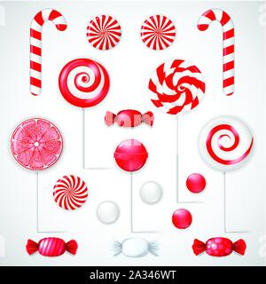 Vector set with different red and white candies and lollipops Stock Vector