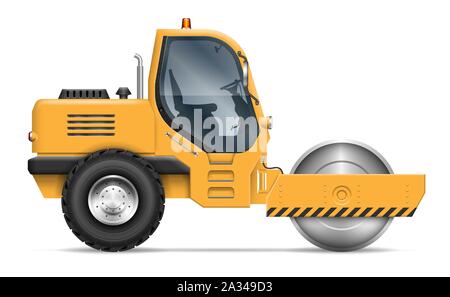 Road roller view from side isolated on white background. Construction and road-building vehicle vector template, easy editing and recolor Stock Vector