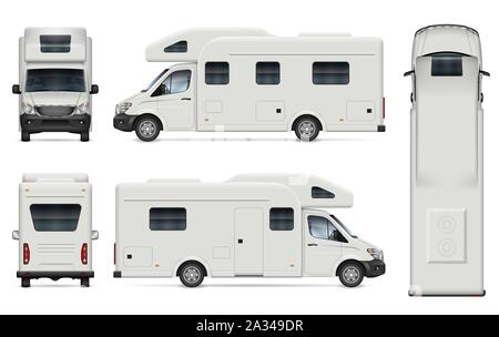 Recreational vehicle vector mockup on white for vehicle branding, corporate identity. View from side, front, back, and top, easy editing and recolor Stock Vector
