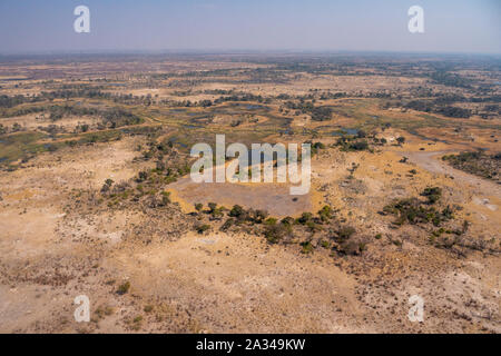 Okavango Delta Landscape Aerial View in Dry Season with Savanna, Trees and Watercourses