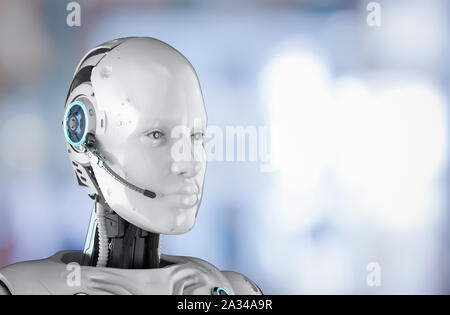 Chat bot concept with 3d rendering humanoid robot with headset Stock Photo