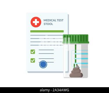 Plastic jar stool feces test analysis and medical lab blank form list with results data and approved check mark vector illustration. Clinical checklist document. Insurance medicine examination concept Stock Vector