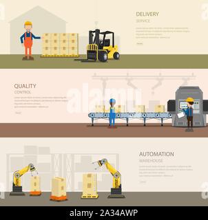 Set of warehoue banners with worker in process vector illustration Stock Vector