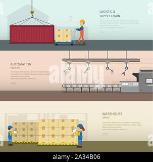 Set of warehoue banners with worker in process vector illustration Stock Vector
