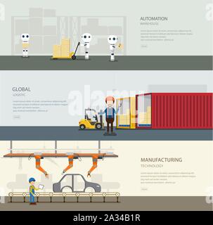 Set of warehoue banners with worker in process vector illustration Stock Vector
