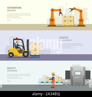 Set of warehoue banners with worker in process vector illustration Stock Vector