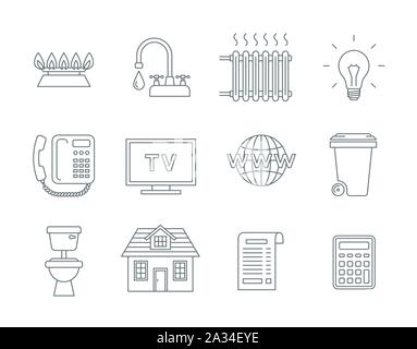 Household services utility bill icons. Vector flat thin line symbols of regular payments such as gas, water, electricity, heating, telephone, cable TV Stock Vector