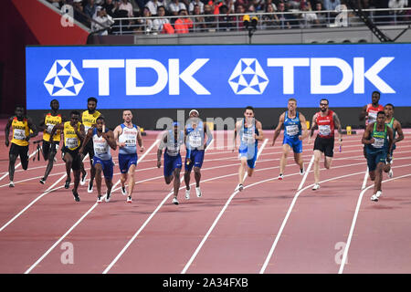 4x100 relay round 1: Jamaica, Great Britain, USA, Italy, Turkey, Brazil. IAAF World Athletics Championships, Doha 2019 Stock Photo