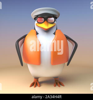 Cartoon 3d penguin sailor captain in lifeacket standing ready for nautical duty, 3d illustration render Stock Photo