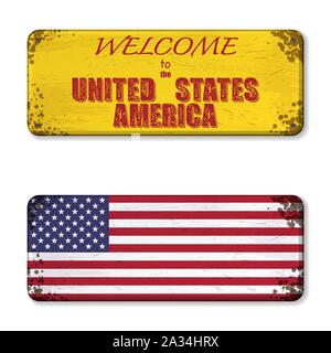 Two nameplates with USA flag and welcome text Stock Vector