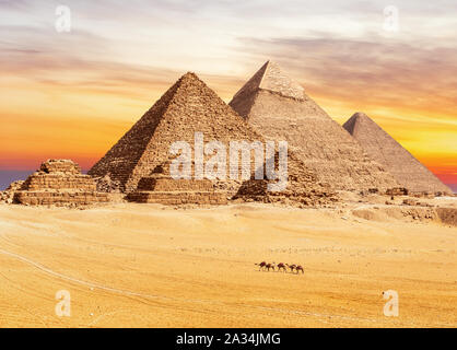 Sunset view on the famous Pyramids of Giza, Cairo, Egypt Stock Photo