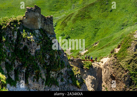 Hikers on way in the Massif of Sancy, Auvergne Volcanoes Natural Regional Park, Auvergne, France, Europe Stock Photo