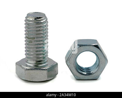 galvanized hex screw with hex nut close up on white background Stock Photo