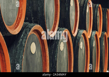 Vintage wine wooden barrels close up Stock Photo