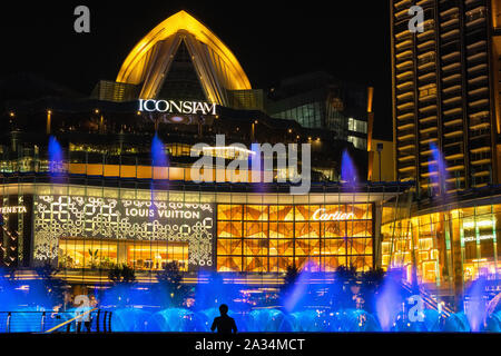 Multimedia fountain show in Iconsiam ,modern luxury shopping mall on Chao Phraya river in Bangkok Stock Photo