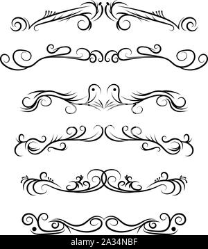 Hand drawn vector dividers. Decorative swirls and flourishes lines, borders and curl set. Calligraphic Design elements. Stock Vector