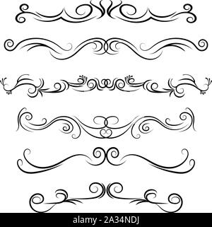 Hand drawn vector dividers. Decorative swirls and flourishes lines, borders and curl set. Calligraphic Design elements. Stock Vector