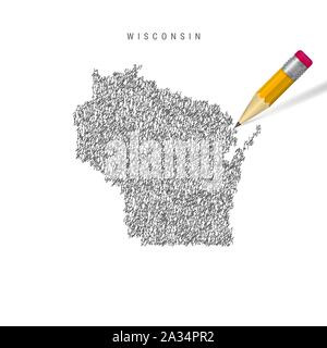 Wisconsin sketch scribble map isolated on white background. Hand drawn vector map of Wisconsin. Realistic 3D pencil with rubber. Stock Vector