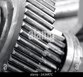 cogwheel of a big gearbox, detail of the teeths mechanized, industrial photo in black and white Stock Photo