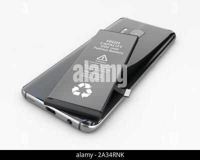 3d Illustration of Battery and cellphone, replace battery concept. Stock Photo