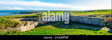 Panoramic view to Nigg Bay golf course and lighthouse Girdle Ness from a Torry Battery, Aberdeen, Scotland Stock Photo