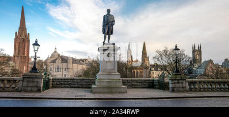 Panoramic scenic view of Aberdeen city centre from Union Terrace and Robert Burns statue, Scotland Stock Photo