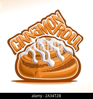 Vector logo for danish Cinnamon Roll, illustration of sweet cinnabon for patisserie menu, poster with mini bun in shape of snail and original font for Stock Vector