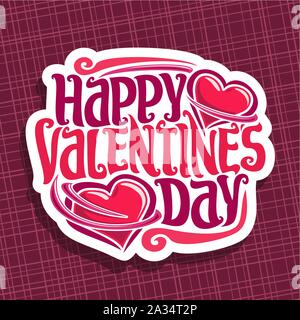 Vector logo for St. Valentine's Day, card with two pink hearts & original handwritten font for greeting text happy valentines day, cut paper for roman Stock Vector