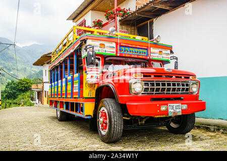 Jardin, COLOMBIA - 27th March 2019. Colorful traditional rural bus in Colombia called chiva Stock Photo