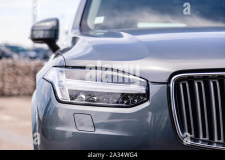 France Lyon 2019-06-18 closeup front part of car, bumper of sedan premium Volvo XC90 with EU licence plate on parking european town. Concept luxury fa Stock Photo