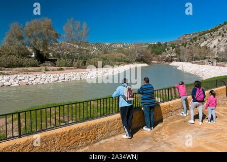 Genil river and tourists, Jauja, Cordoba-province, Region of Andalusia, Spain, Europe. Stock Photo