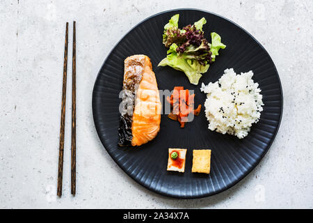 Grilled Salmon Teriyaki with Rice,Miso soup and Kimchi Stock Photo